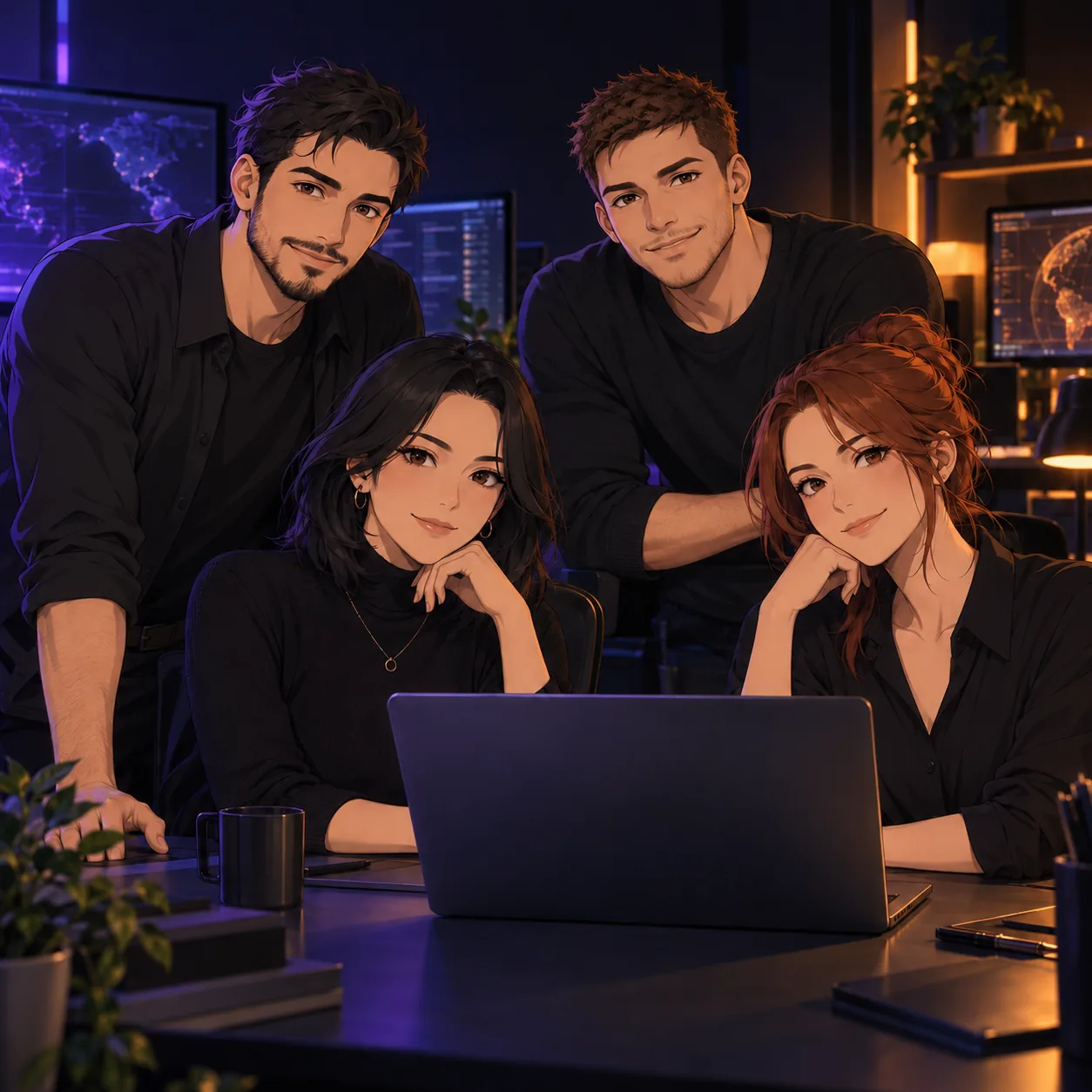 Anime-style illustration of four adult IT colleagues, two men and two women, gathered around a laptop